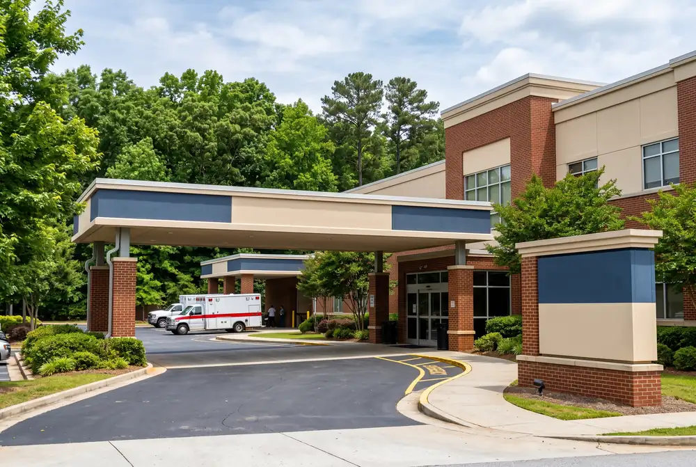 Hospital emergency entrance canopy with no readable signage, daytime
