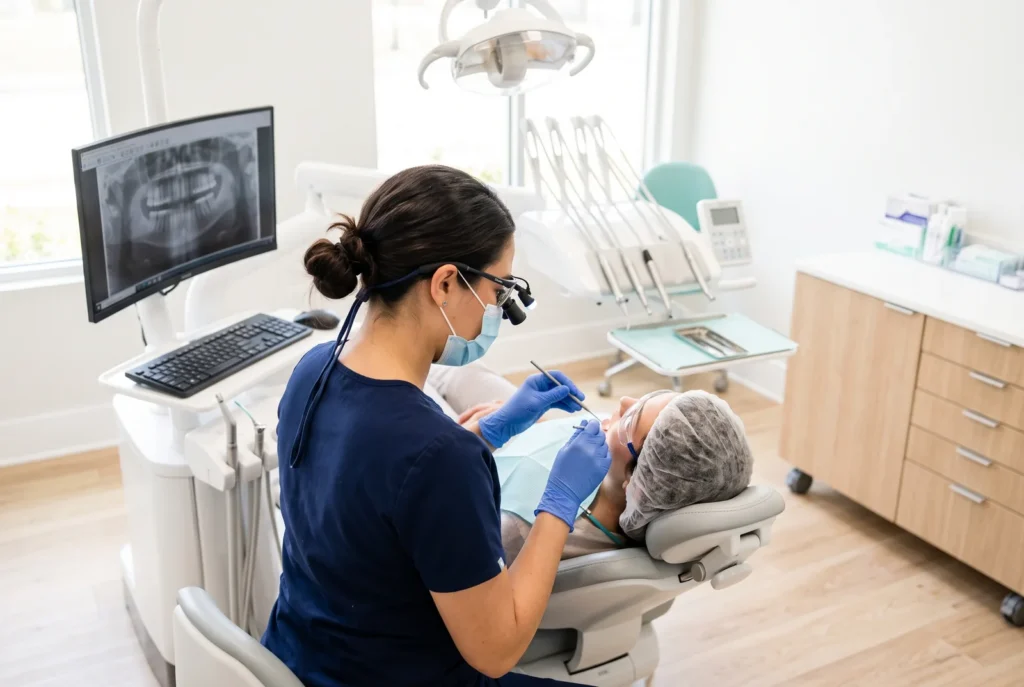 Dentista revisando a un paciente durante una visita urgente por absceso dental en Lithia Springs