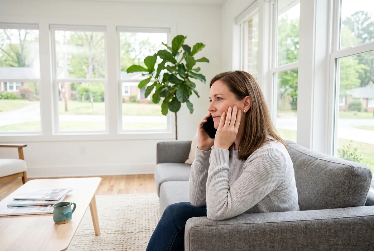 Person on a couch on a quiet Sunday morning calling a dentist about a toothache