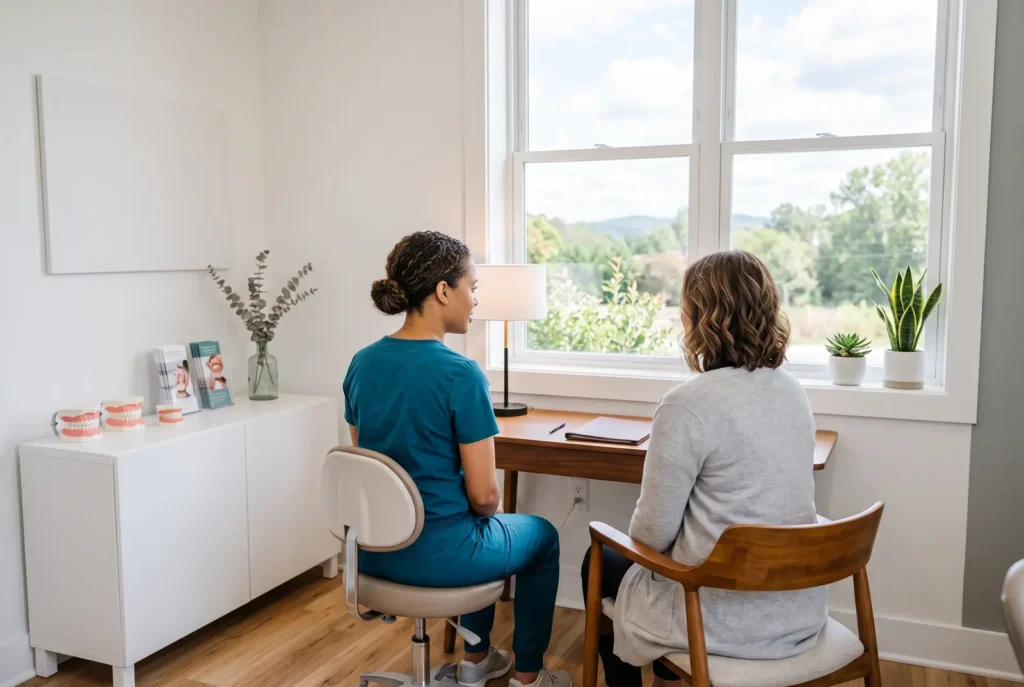 Dental team member explaining care options to a patient in a bright consultation room in Lithia Springs