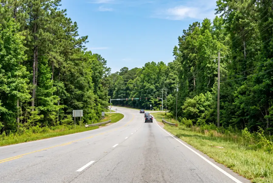 Tree-lined suburban road in Douglas County, Georgia on a sunny morning