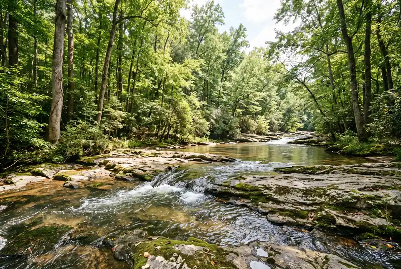 Wooded creek with a flat rock shoal in west Georgia, near Austell and Lithia Springs
