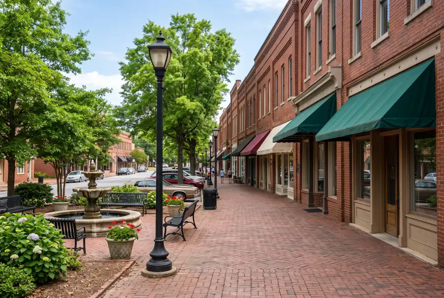 Historic brick storefronts and a small plaza in a Georgia town center like downtown Douglasville
