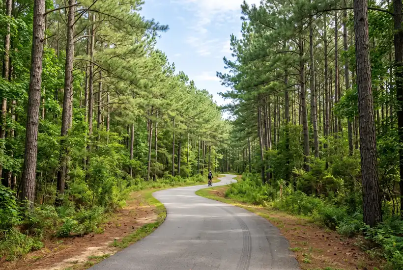 Paved rail-trail through Georgia pines like the Silver Comet Trail near Mableton