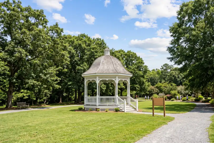 Small-town park gazebo and green lawn in a Georgia suburb like Powder Springs