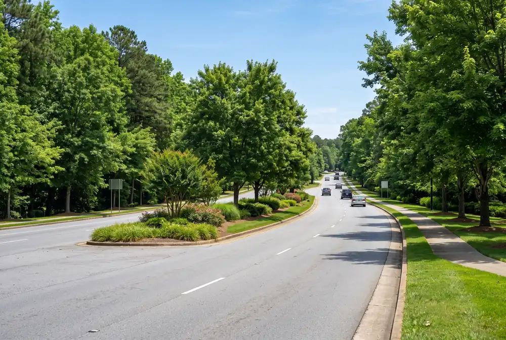 Wide suburban parkway lined with trees in south metro Atlanta
