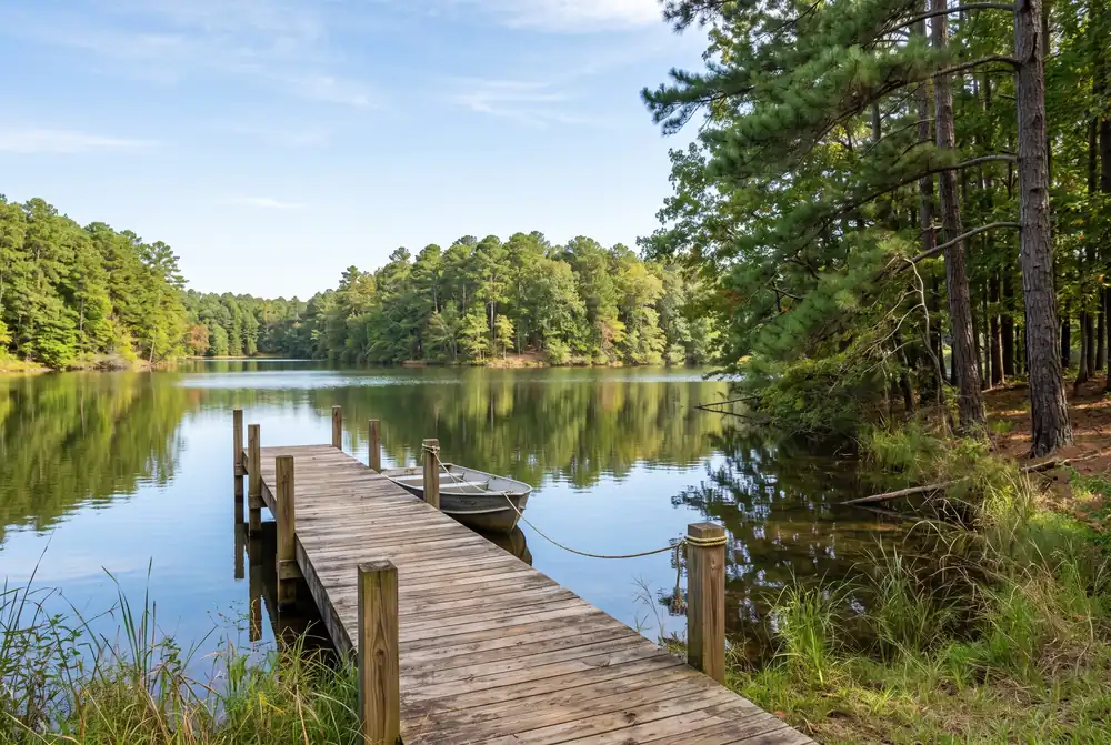 Calm lake with a wooden dock and pines in west Georgia, near Villa Rica