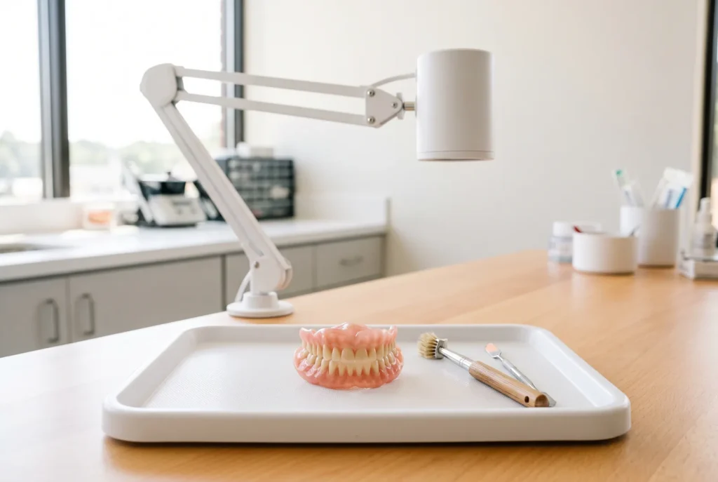 Full denture on a clean tray in a bright dental lab area for same-day denture repair in Lithia Springs