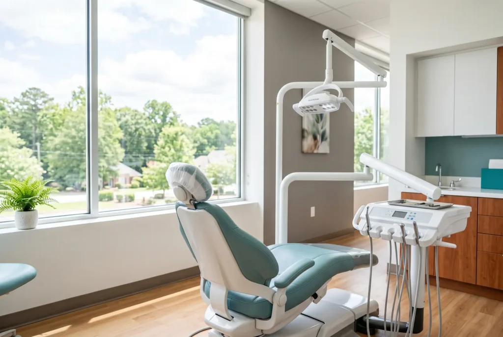 Sillón dental cómodo en un consultorio luminoso de Lithia Springs preparado para una endodoncia el mismo día
