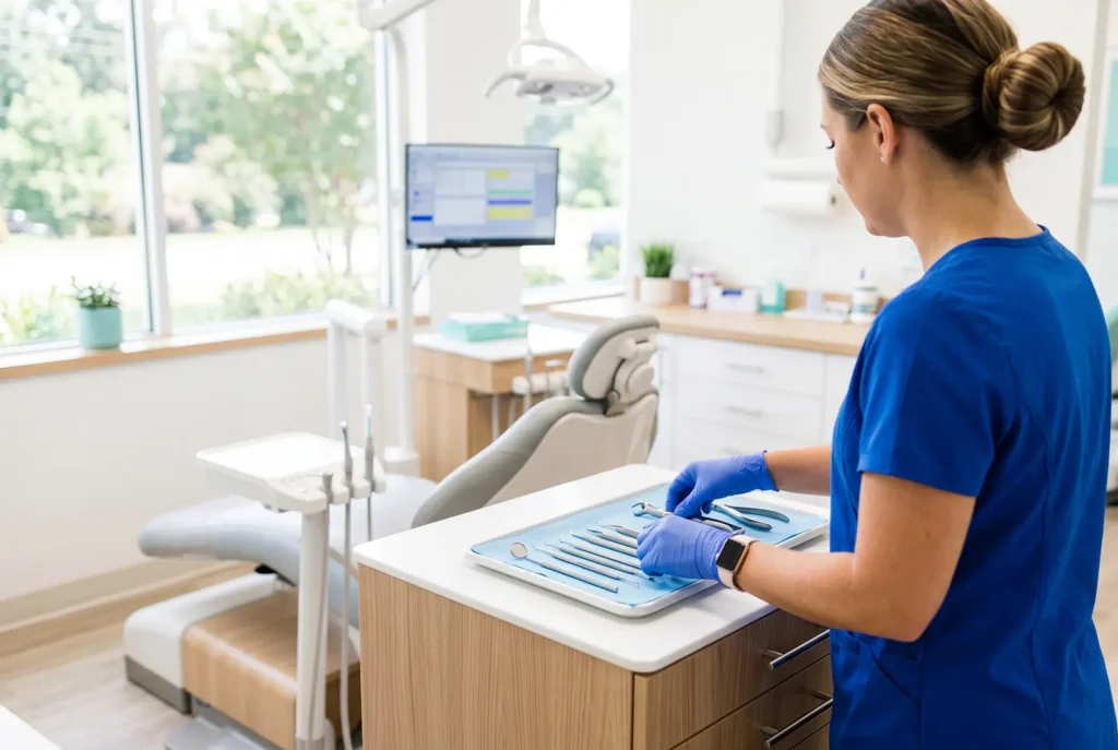 Dental professional preparing sterile instruments for an emergency tooth extraction in Lithia Springs