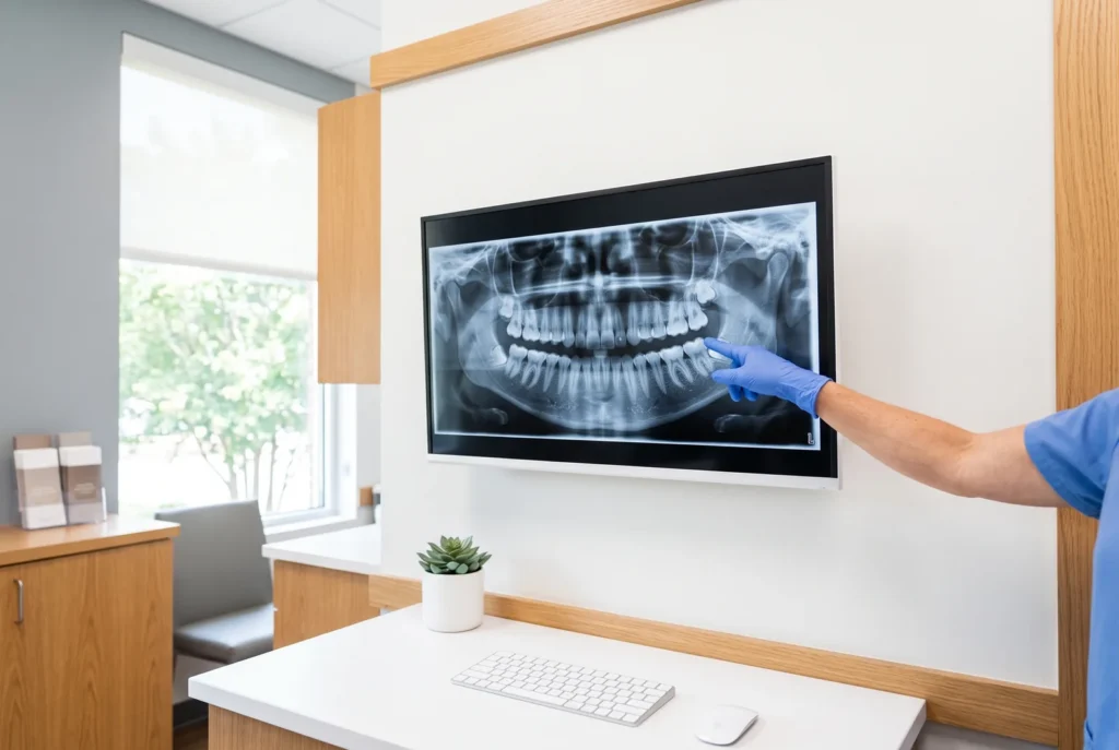 Dental X-ray on a monitor reviewed before an emergency wisdom tooth extraction in Lithia Springs
