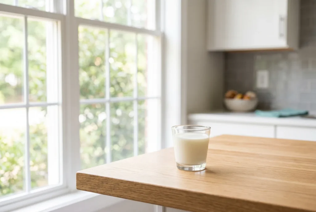 Small glass of milk on a kitchen counter, the right way to carry a knocked-out tooth to the dentist