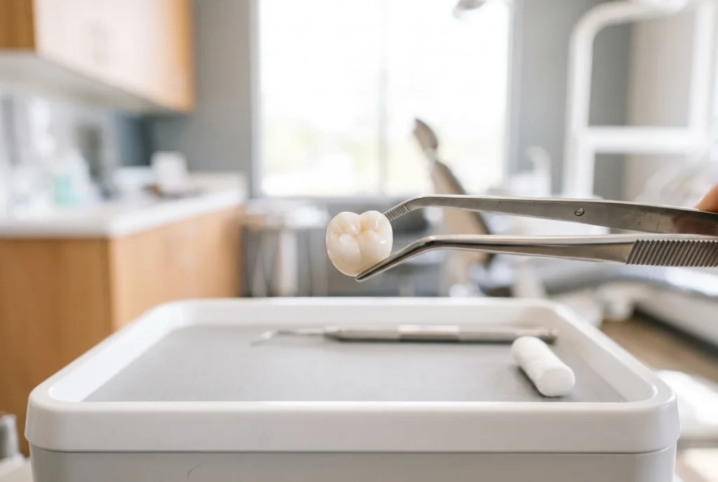 Dental crown held with tweezers in a bright Lithia Springs treatment room