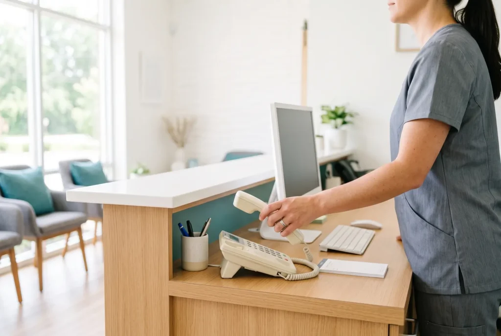 Front desk phone being answered at a bright dental office offering same-day appointments in Lithia Springs