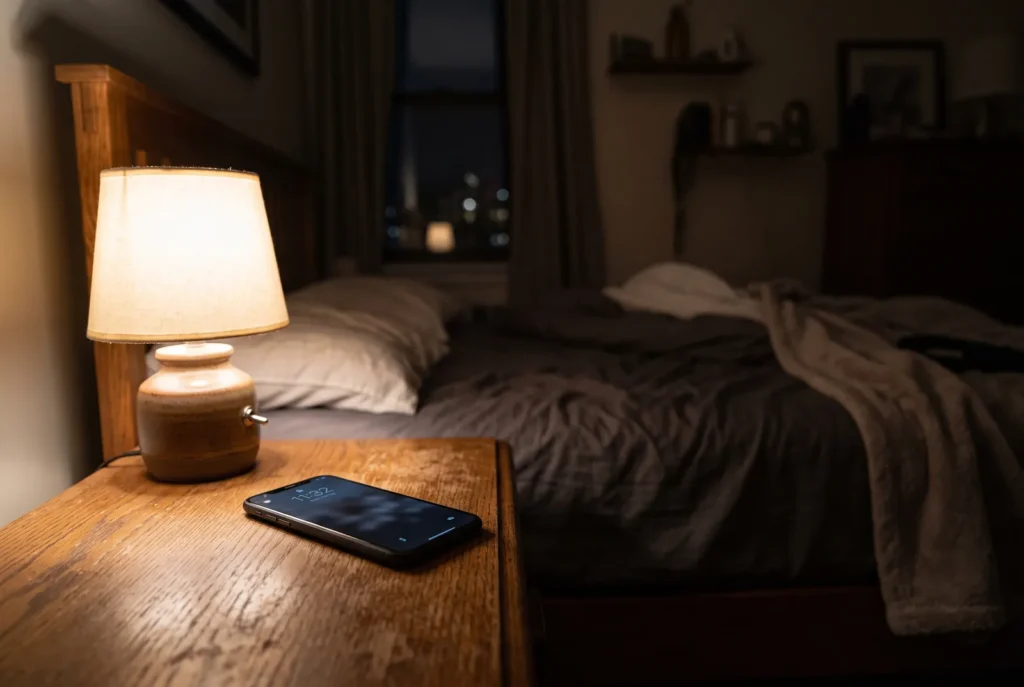 Phone handset on a bedside table at night, ready for an after-hours dental call