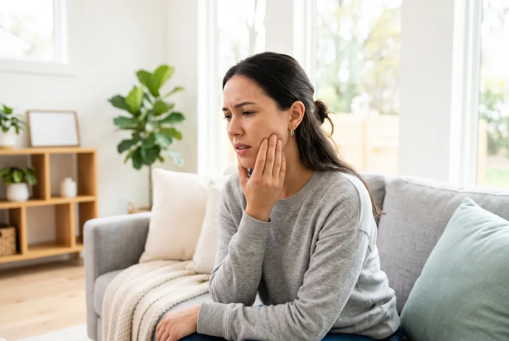 Person with wisdom tooth pain holding their jaw before a same-day visit in Lithia Springs